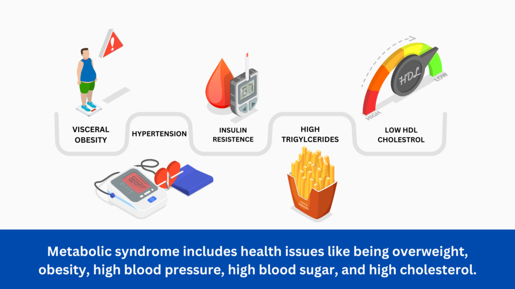 Metabolic syndrome includes health issues like being overweight, obesity, high blood pressure, high blood sugar, and high cholesterol. 